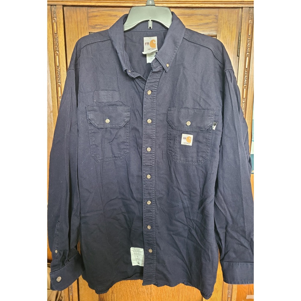 Carhartt FR Mens XL Navy Blue Flame Resistant Work Shirt Button Down 294-20